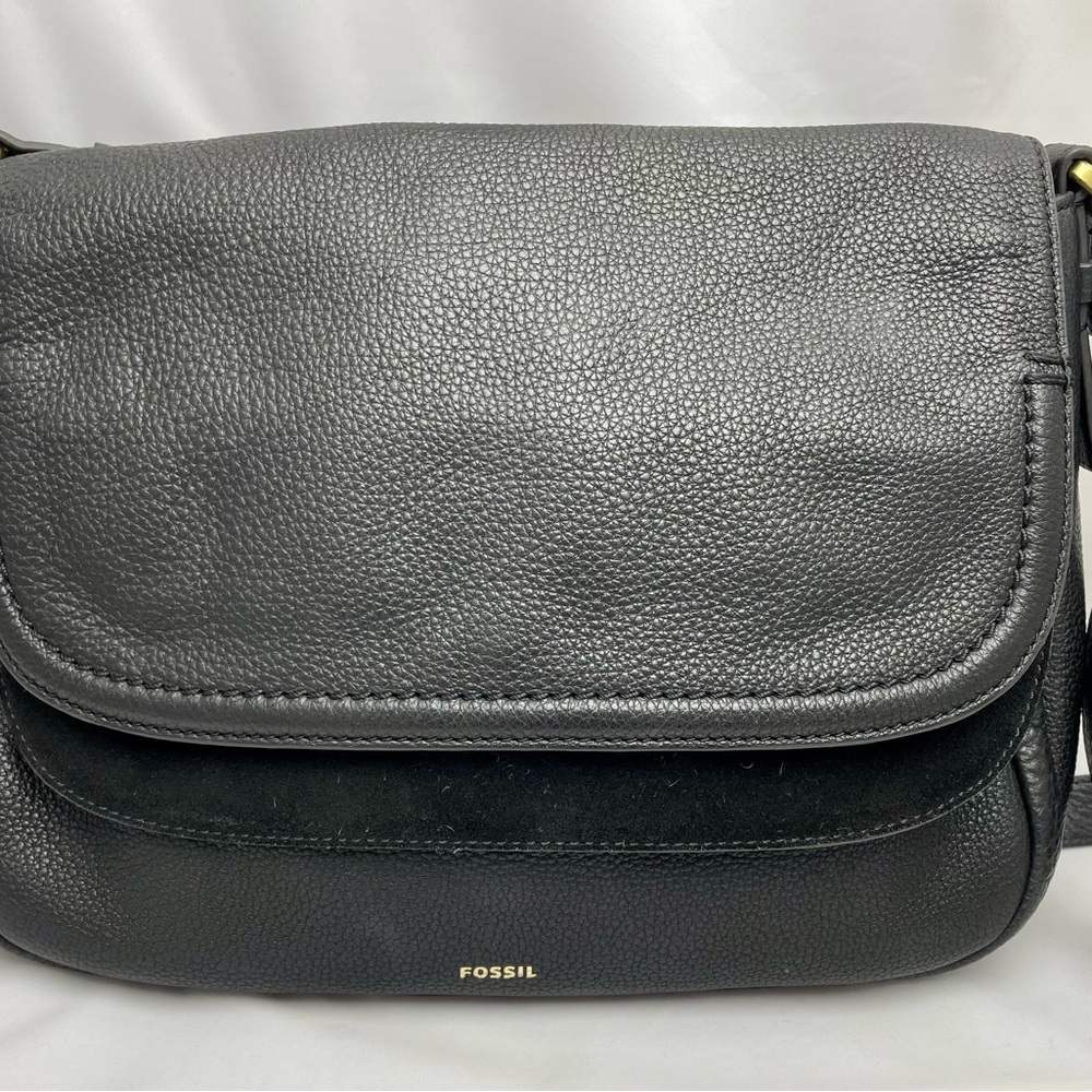 Fossil Peyton Double Flap Leather Suede Saddle Shoulder Crossbody Bag, Black Lg